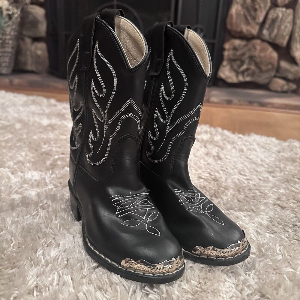 Old West Kids Size 10 Black Cowboy Boots Gold Toe Caps Western VR9110